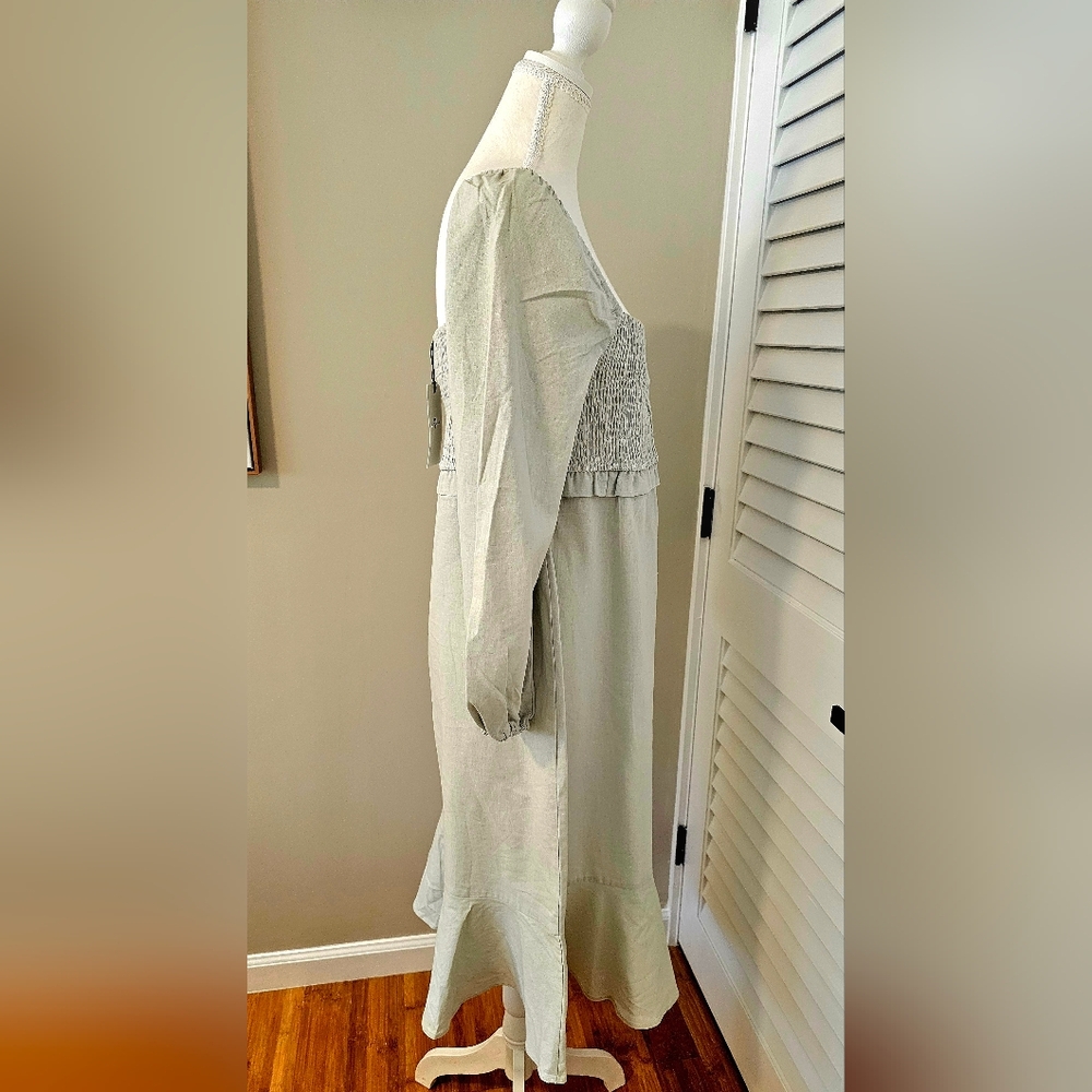 ๐โจ 7 FOR ALL MANKIND LINEN BLEND SMOCKED PUFF MIDI DRESS โจ๐๐ธ SIZE LARGE | NWT - Picture 5 of 6